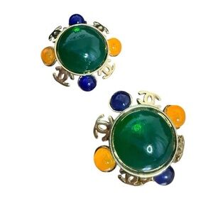 CHANEL Ultra Rare Vintage Gripoix CC Green, Blue and Orange Clip Earrings